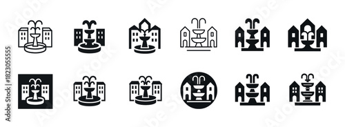 Set of urban fountain icons with buildings in various styles and shapes