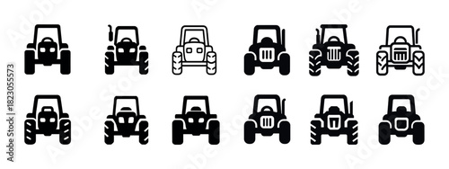 Set of black tractor icons in various styles for agricultural design
