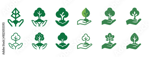 Green tree and hand icons collection representing growth and nature conservation