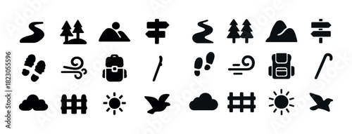 Set of hiking and nature icons: trails, trees, mountains, signs, footprints, backpack, sun