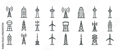 Communication towers and structures set: antenna, turbine, water tower, clock tower icons
