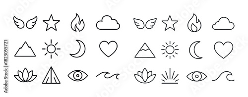 Minimalist icon set featuring nature and celestial symbols in linear design