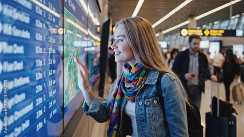 Smiling traveler checking digital flight information screen in modern airport terminal
