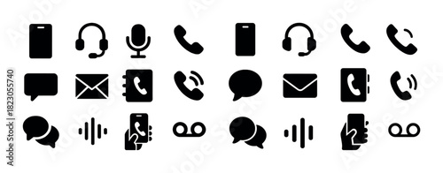 Black communication icons set: phone, headset, microphone, chat, mail, voicemail, sound waves