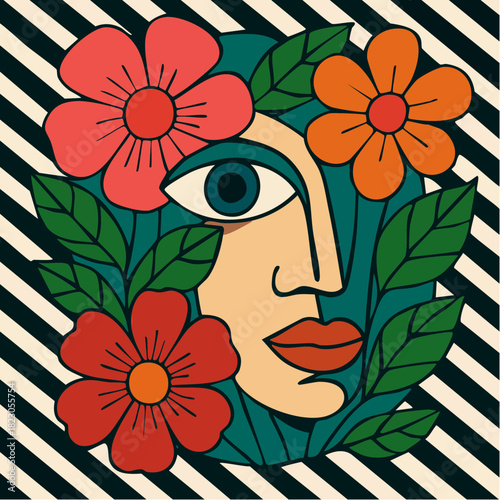 floral-framed abstract visage with diagonal stripe drama and botanical pop portrait collage