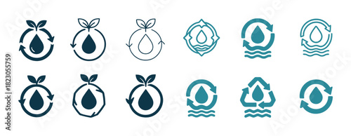 Eco-friendly water conservation icons with recycle symbols and plant elements