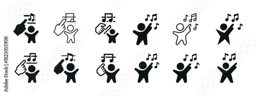 Music learning icons set: child figures reading and playing notes