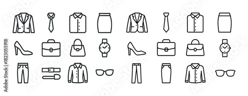 Outlined clothing and accessories icons for business and fashion