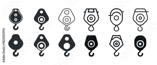 Collection of pulley block icons in various artistic styles