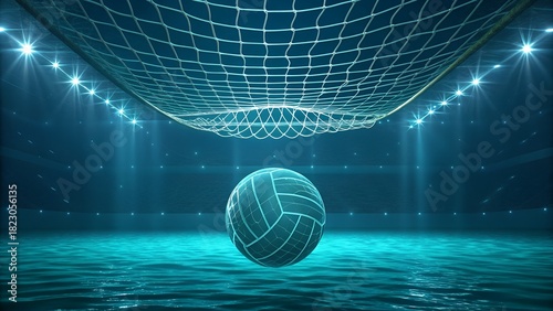 Exciting water volleyball match in blue arena with dynamic lighting and ocean waves