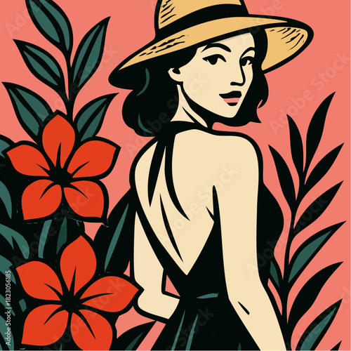 sunset garden muse in straw brim and backless noir dress among scarlet blooms