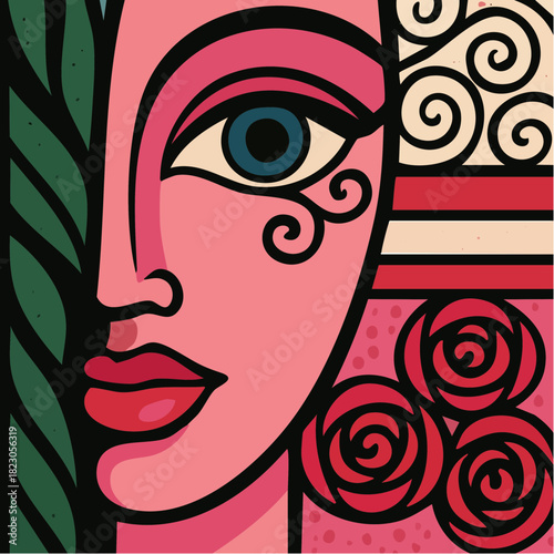 braided reverie: rose-swirl portrait of graphic femme with ornamental braid and spiral motifs