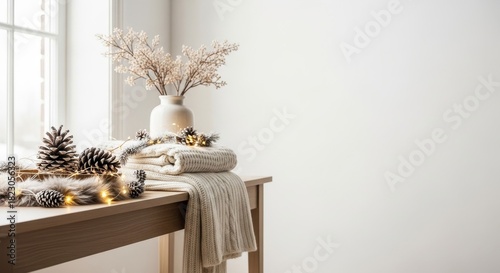 Cozy Winter Home Decor with Elegant Pinecones, Fairy Lights, and Warm Knits.