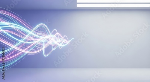 Dynamic Neon Light Waves Flowing Through a Futuristic Minimalist Room