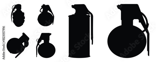 Simple grenade silhouette icon set in solid black shapes. Useful for military, warning, and graphic design use.