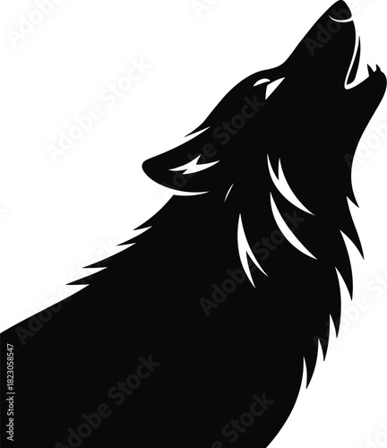 Black silhouette of a wolf howling on a white background