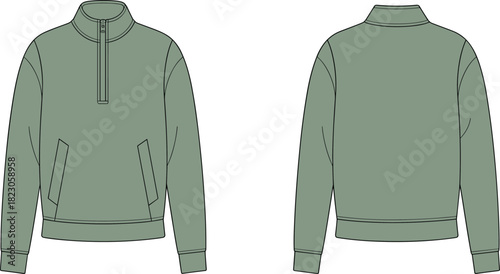 Long sleeve pullover flat sketch, fashion design technical drawing, half zip collar sweatshirt, ribbed cuffs hem, apparel template illustrationLong sleeve pullover flat