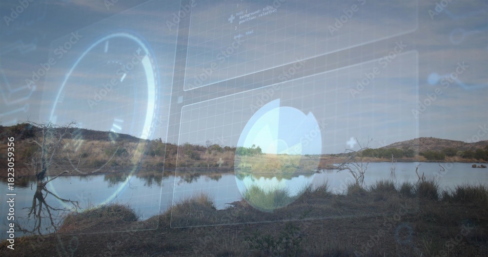 Fototapeta premium Displaying shallow pond and grassy banks reflecting dead tree at remote marsh, with HUD overlay