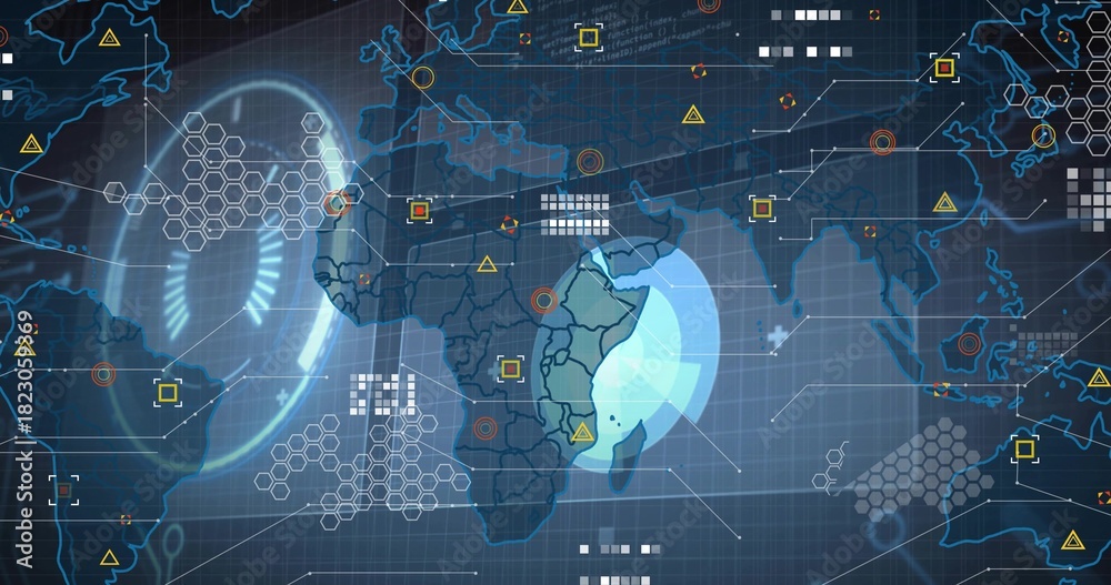 Obraz premium Displaying digital world map focusing on eastern Africa with radar ring, hex-grid nodes on console