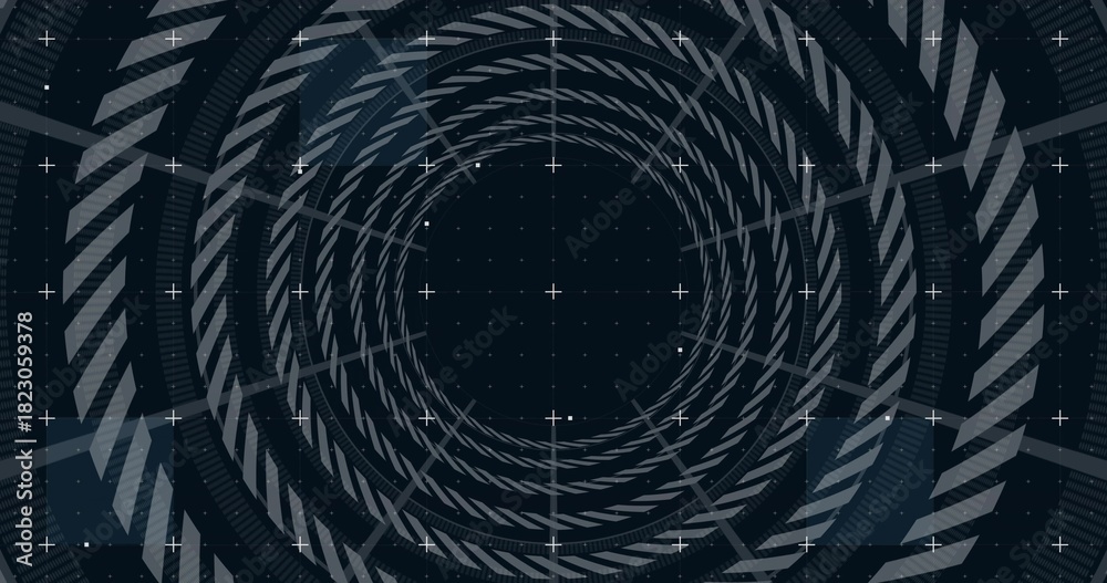 Fototapeta premium Spiraling concentric rings creating depth in digital HUD, with crosshair markers and dotted grid