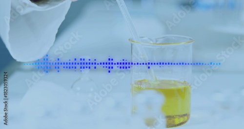 Pipetting gloved hand in white lab coat inserting pipette into marked beaker, with waveform overlay