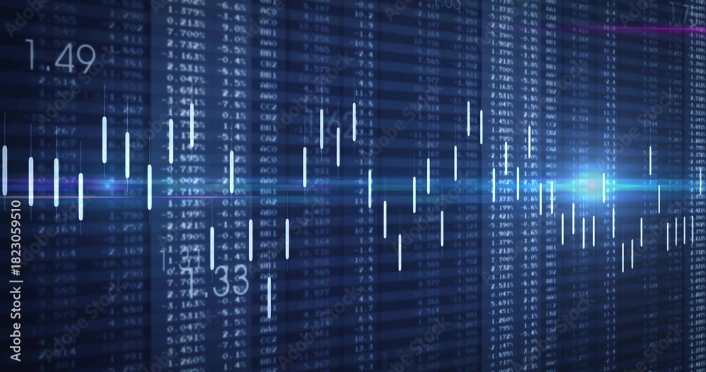 Fototapeta premium Displaying market chart centered on screen, showing candlestick bars, numeric grid, light streaks