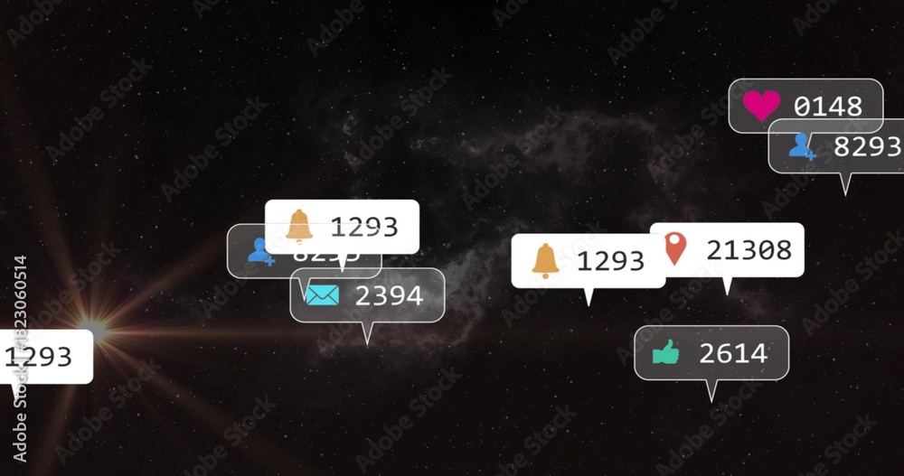 Fototapeta premium Floating notification bubbles drifting across starfield, showing icon counters and left lens flare