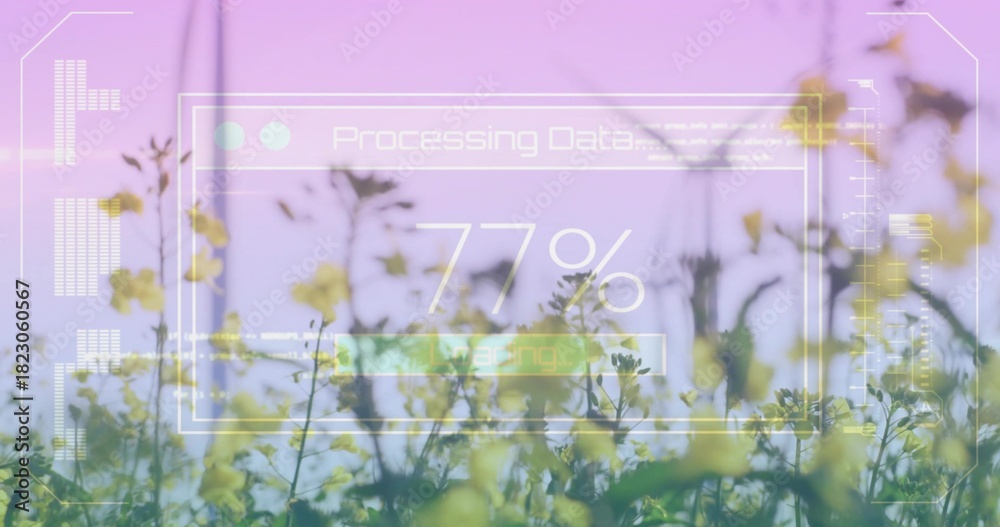 Obraz premium Swaying yellow flower cluster catching pastel light in meadow, with HUD showing 77% processing