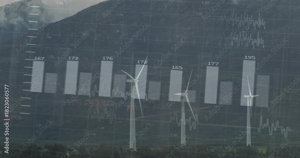 Obraz premium Showing three onshore turbines standing in mountain valley with bars, numbers, gridlines, waveforms