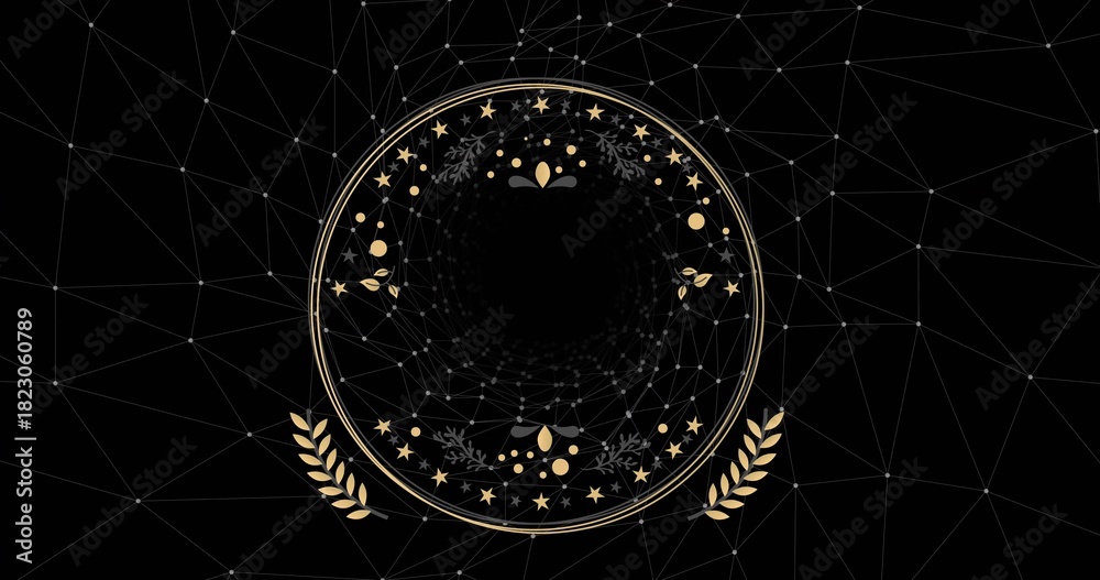 Obraz premium Centering gold medallion showing concentric rings and black void, gold stars on dark wireframe