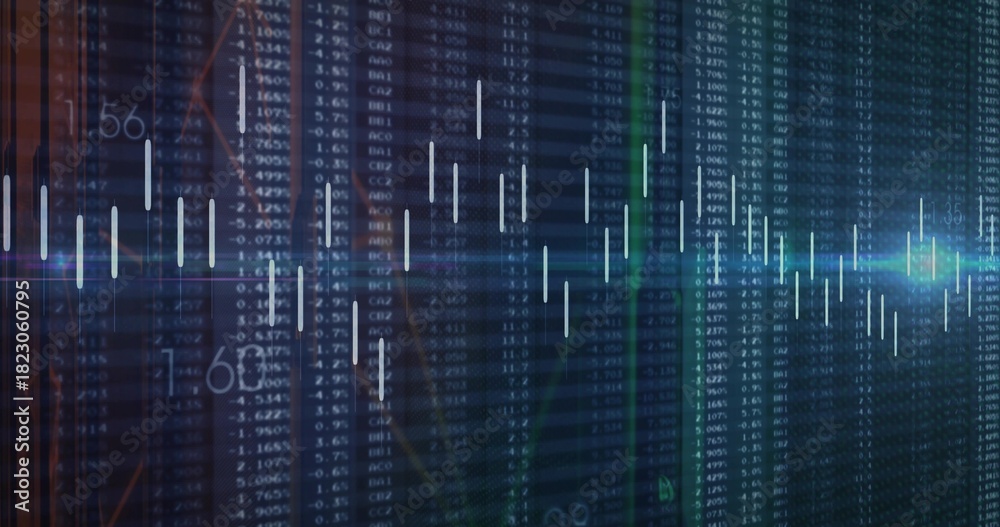 Obraz premium Displaying market data visualization on trading screen, showing candlesticks, price markers
