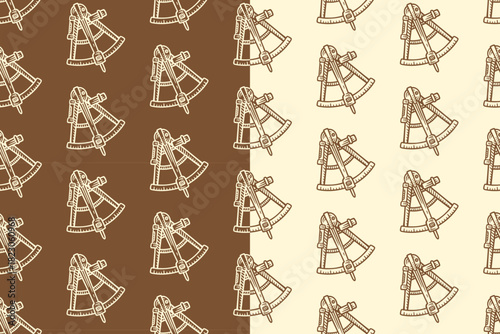 Sextant navigation tool engraving seamless pattern on tan beige background set for merchandise. Marine sextant line art doodle pattern background. Nautical sextant hatching motif wallpaper