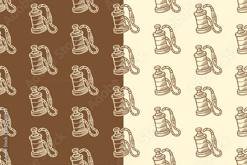 Nautical log line navigation tool engraving seamless pattern on tan beige background set for merchandise. Marine measure line art doodle pattern background. Sailing tool hatching motif wallpaper