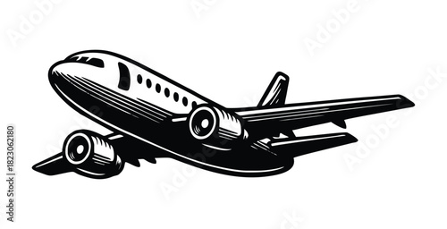 hand drawn illustration of passenger jet airplane flying.