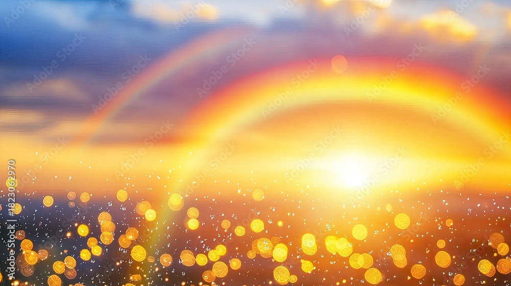 Obraz premium Captivating sunset with double rainbow over scenic landscape nature photography vibrant colors calm environment