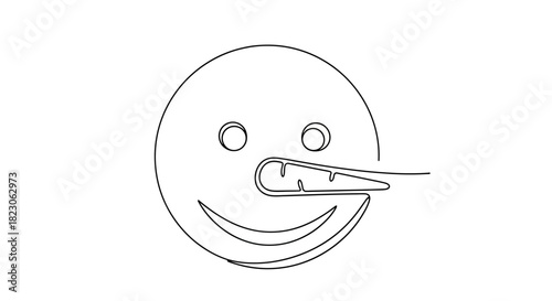A minimalist single line drawing of a snowman face with carrot nose and smile outline winter fun