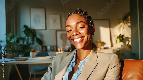 The businesswoman smiled brightly as she celebrated her successful deal, feeling accomplished and empowered.