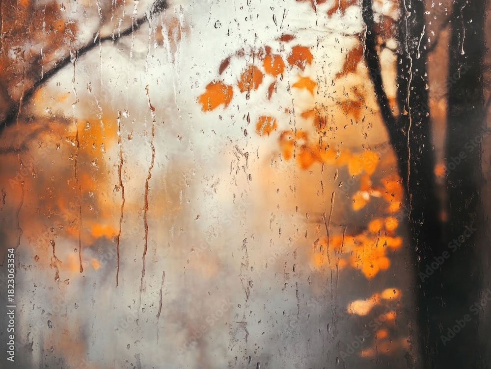 Fototapeta premium Rainy autumn scene with colorful leaves nature photography outdoor close-up serenity and reflection