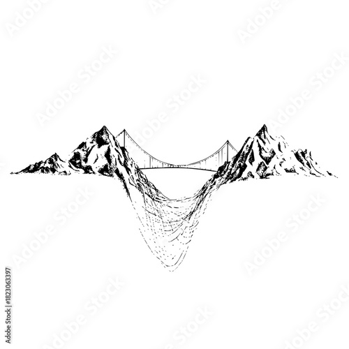 A captivating black and white illustration of a bridge nestled between majestic mountains, isolated on