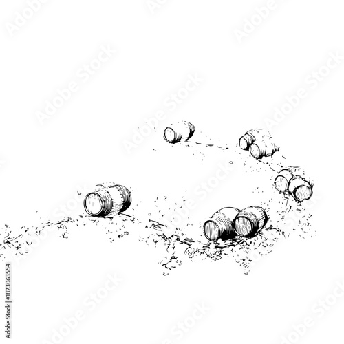 Illustration of scattered barrels isolated on, creating a visually striking and dynamic composition with a touch of rustic charm