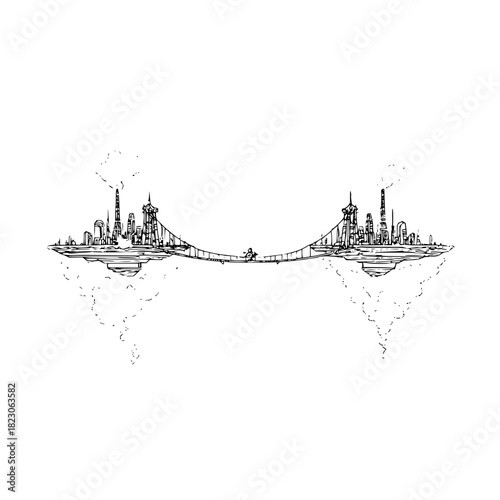 A handdrawn illustration of a futuristic city connected by a bridge, isolated on