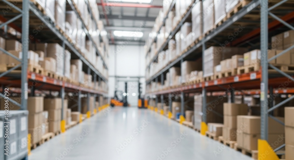 Fototapeta premium A warehouse with shelves filled with boxes and a forklift in the middle of the aisle.
