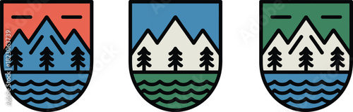 Set of three simple vector badge icons featuring mountains, pine trees, and lakes in a flat, geometric design style.
Minimalist mountain and lake badge icons
