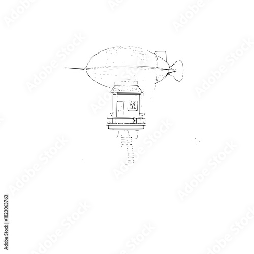 Vintage Blimp Flying Over Lighthouse