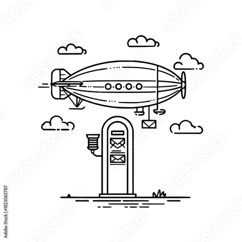 An airship hovers above a vintage mailbox, delivering letters in a whimsical scene isolated on