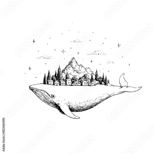 A whimsical illustration of a whale carrying a mountain village isolated on, stars twinkling above, creating a serene and surreal scene