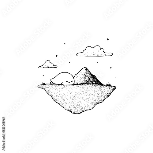 Cute blob sleeping on a floating island with mountains and clouds isolated on, dreamy and peaceful scene