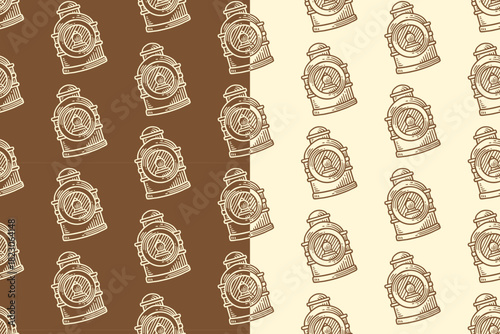 Binaccle ship compass engraving seamless pattern on tan beige background set for merchandise. Marine compass stand doodle pattern background. Compass navigation housing hatching motif wallpaper