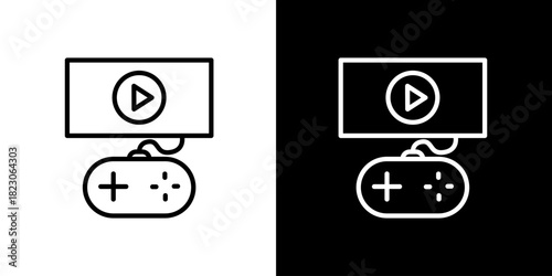 Minimalist outline icon depicting a video game controller connected to a screen, representing digital gaming, interactive entertainment, and modern technology devices