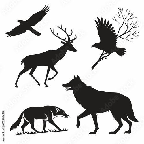 A collection of black silhouettes of wild animals including a majestic stag a soaring eagle a cunning fox a predatory wolf and a bird in flight against a clean white background